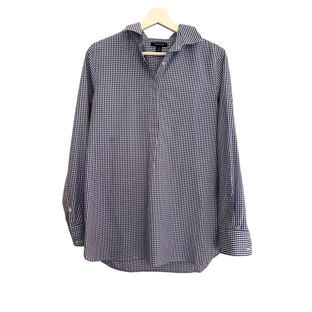 Lands' End Shirt Womens 8 Blue/White‎ Gingham Half Hidden Button Classic